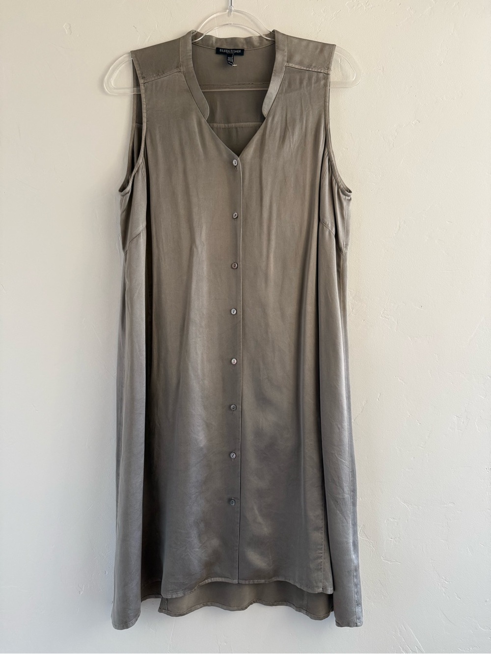 Eileen Fisher Petite PL 100% Silk Taupe Button Front Sleeveless V Neck Dress
